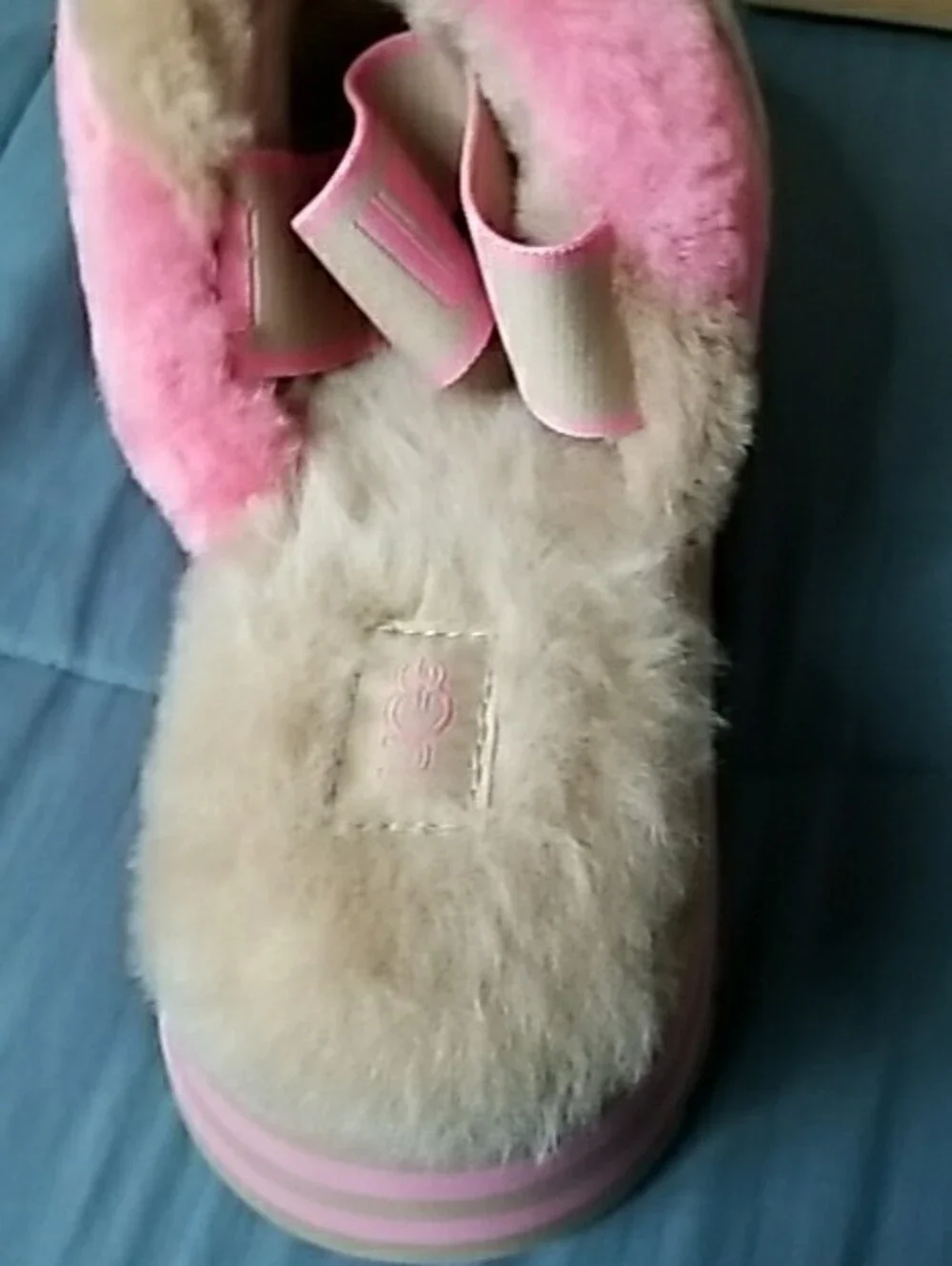 UGG Pink and Beige Fuzzy Platform Slides
